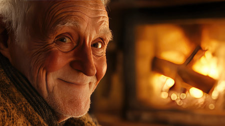 Close-up of an elderly mans face, smiling softly, with the warm glow of a fireplace in the background.の素材