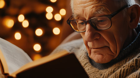 Close-up of an elderly man wearing glasses, reading a book by himself in a cozy, softly lit room.の素材