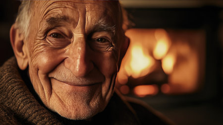 Close-up of an elderly mans face, smiling softly, with the warm glow of a fireplace in the background.の素材