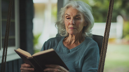 A senior woman sitting alone on a porch swing, holding a book in her lap, her expression serene and reflective.の素材
