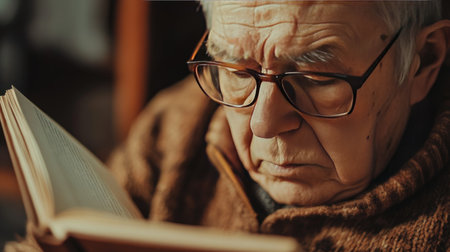 Close-up of an elderly man wearing glasses, reading a book by himself in a cozy, softly lit room.の素材