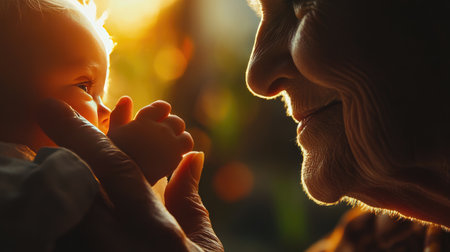 Close-up of an elderly woman gently holding a baby tiny hand, both smiling warmly with soft natural light in the background.の素材