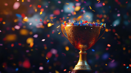 A golden trophy placed on a pedestal with confetti falling in the background, symbolizing victory and achievement.の素材