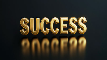 A 3D rendering of the word "SUCCESS" in bold gold letters, placed on a reflective black background.の素材