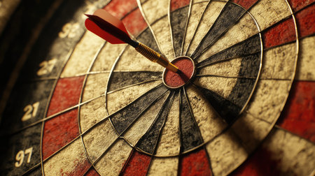 A dart hitting the bullseye on a red and white target board, symbolizing precision and goal achievement.の素材