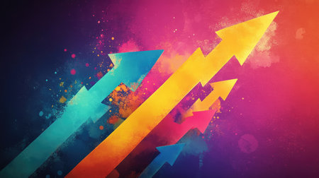 An abstract arrow graph in vibrant colors breaking through a barrier, symbolizing overcoming challenges to achieve success.の素材