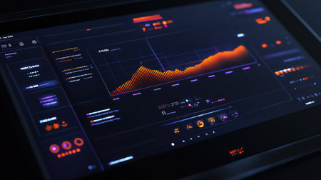 A sleek digital dashboard with a profitable line graph trending upward, illuminated in bright colors against a futuristic black screen.の素材