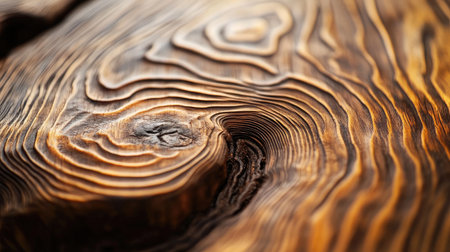 Close-up of a wood grain texture in warm brown tones, highlighting natural patterns and imperfections.の素材