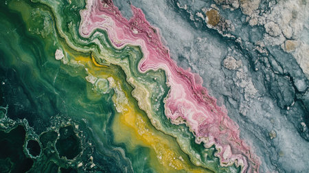 Close-up of a stone surface with colorful mineral veins in shades of green, pink, and gray.の素材