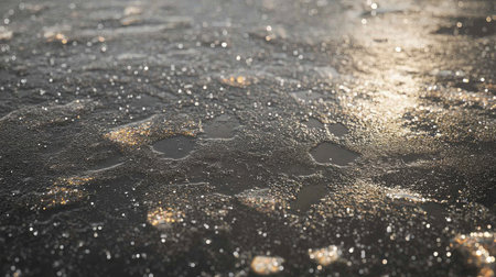 Close-up of rain-soaked asphalt with reflective puddles and a gritty urban texture.の素材