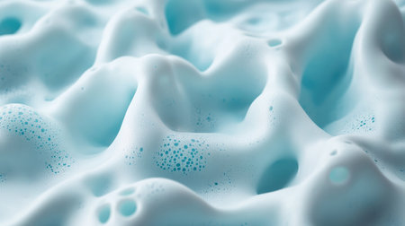 Close-up of bubbly foam texture in shades of white and light blue, resembling frothy ocean waves.の素材