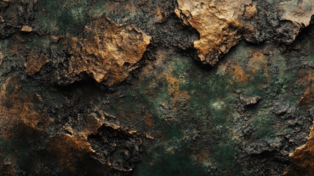 Close-up of rough tree bark texture in shades of brown and green, highlighting natural imperfections.の素材