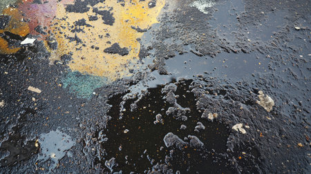 Close-up of rain-soaked asphalt with reflective puddles and a gritty urban texture.の素材