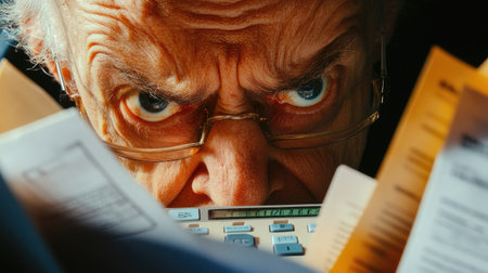 Close-up of an elderly person furrowing their brows while using a calculator, surrounded by business paperworkの素材