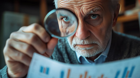 Elderly person with a concerned look, holding a magnifying glass over a document with financial data and bar graphsの素材