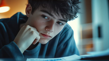 Close-up of a teen staring intently at a declining line graph on paper, resting their chin on their hand in thoughtの素材