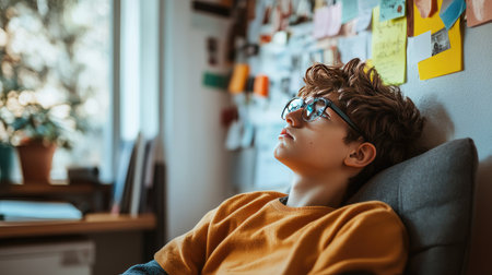 Teenager leaning back in a chair, staring at a vision board with business goals pinned, with a worried lookの素材