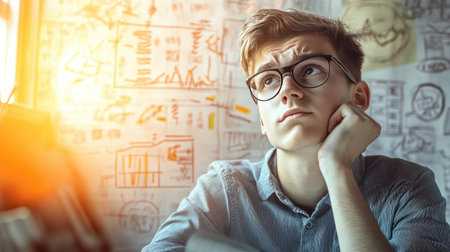 Teenager with a stressed face, doodling on a paper with business figures while thinking deeply in a sunny workspaceの素材