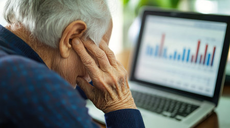 Close-up of an elderly person resting their head on their hand, looking at a laptop screen showing financial lossesの素材