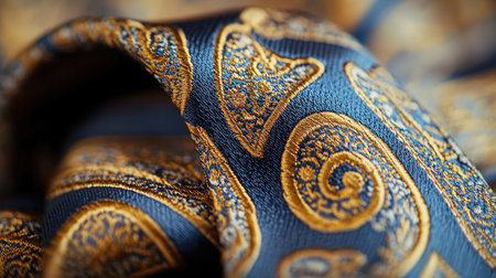 A detailed close-up of a tie with a paisley pattern in shades of blue and gold, set against a neutral background.の素材