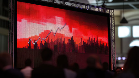 A graph showing a sharp decline in profits on a large screen during a business presentation.の素材