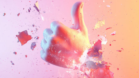A dynamic thumbs-up hand breaking through a soft pastel background, with torn fragments and glowing light effects for emphasis.の素材