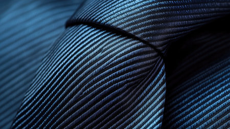 A detailed close-up of a dark blue tie with subtle stripes, showing its smooth texture and elegance, perfect for corporate style.の素材