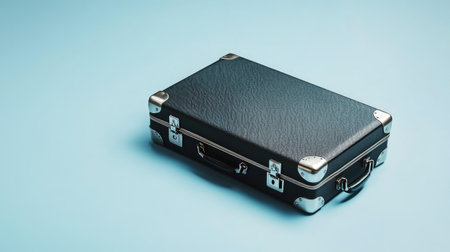 A durable business suitcase with combination locks, displayed on a clean light blue background, emphasizing security and professionalism.の素材