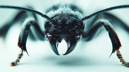 A focused view of an ants mandibles and tiny legs, isolated on a plain white surface with soft lighting.の素材
