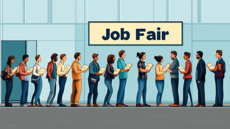 A line of unemployed people holding resumes in front of a "Job Fair" banner, representing labor market struggles.の素材