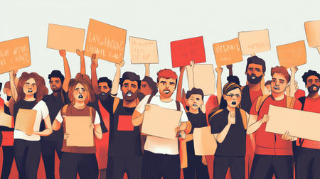 A group of people protesting with signs demanding fair wages and job opportunities.の素材