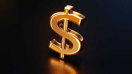 A polished, shiny golden dollar sign with 3D depth, glowing against a dark background, representing the height of financial success.の素材