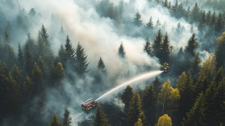 Aerial view of firefighters extinguishing a forest fire with water hoses and spray, smoke rising through the trees. No people visible.の素材