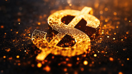 A shimmering golden dollar sign with dramatic highlights, positioned on a dark background, symbolizing wealth and financial triumph.の素材