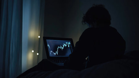 A person sitting alone in a dark room, illuminated only by the glow of a laptop showing declining stock prices.の素材