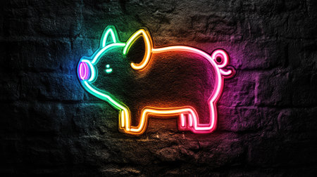 A playful neon piglet sign in vibrant rainbow colors, shining brightly on a textured black wall.の素材