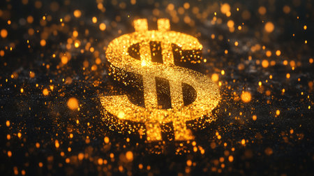 A shimmering golden dollar sign with dramatic highlights, positioned on a dark background, symbolizing wealth and financial triumph.の素材