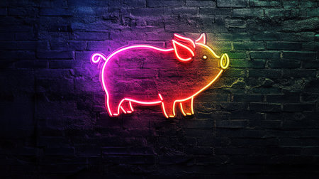A playful neon piglet sign in vibrant rainbow colors, shining brightly on a textured black wall.の素材