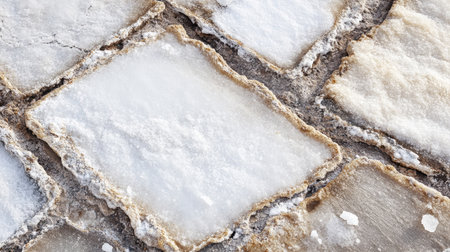 Abstract pattern of crystallized salt on a drying bed in a traditional salt farm, emphasizing texture and detail.の素材