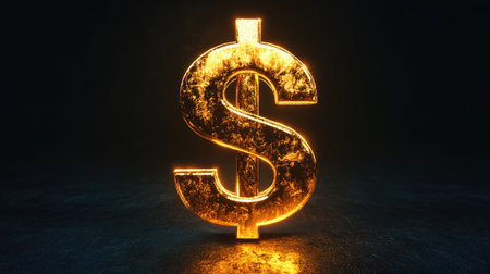 A polished, shiny golden dollar sign with 3D depth, glowing against a dark background, representing the height of financial success.の素材
