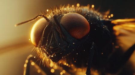 Artistic close-up of a fly with light reflections on its compound eyes, isolated against a blurred, neutral background.の素材