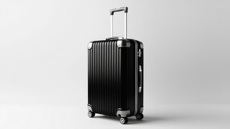 A sleek black suitcase with silver accents, standing upright on a minimalist white background, symbolizing modern business travel.の素材