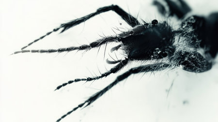 Artistic close-up of an ant delicate legs and segmented abdomen, sharply contrasted against a white background.の素材