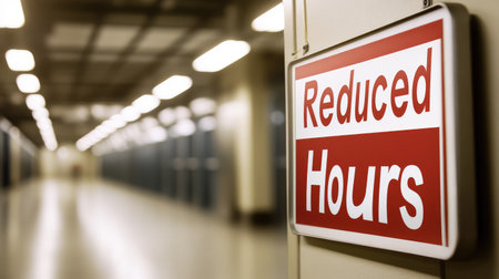 A "Reduced Hours" sign posted in a workplace, symbolizing economic instability and employment issues.の素材