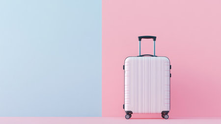 A professional suitcase with smart compartments, positioned on a soft pastel-colored background, representing innovation in business travel.の素材