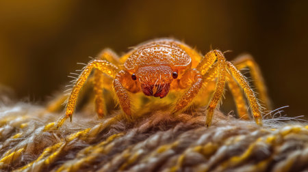 Artistic macro of a dust mite in a natural habitat, captured on a magnified fabric surface under detailed lighting.の素材
