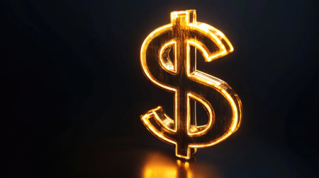 A rich golden dollar symbol illuminated from behind, casting a soft glow against a dark, almost black background.の素材