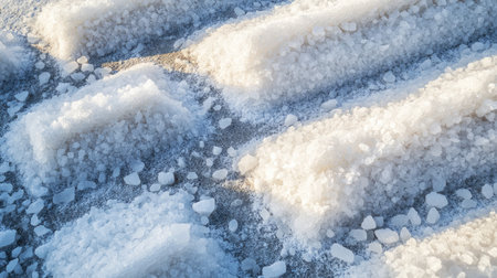 Abstract pattern of crystallized salt on a drying bed in a traditional salt farm, emphasizing texture and detail.の素材