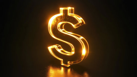 A shiny golden dollar symbol glowing brightly, symbolizing wealth and financial success, set against a dark, elegant background.の素材