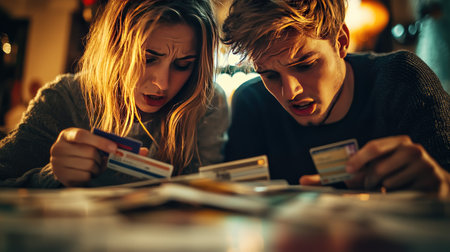 A young couple arguing with credit card bills spread on a table, showcasing the strain of economic difficulties.の素材